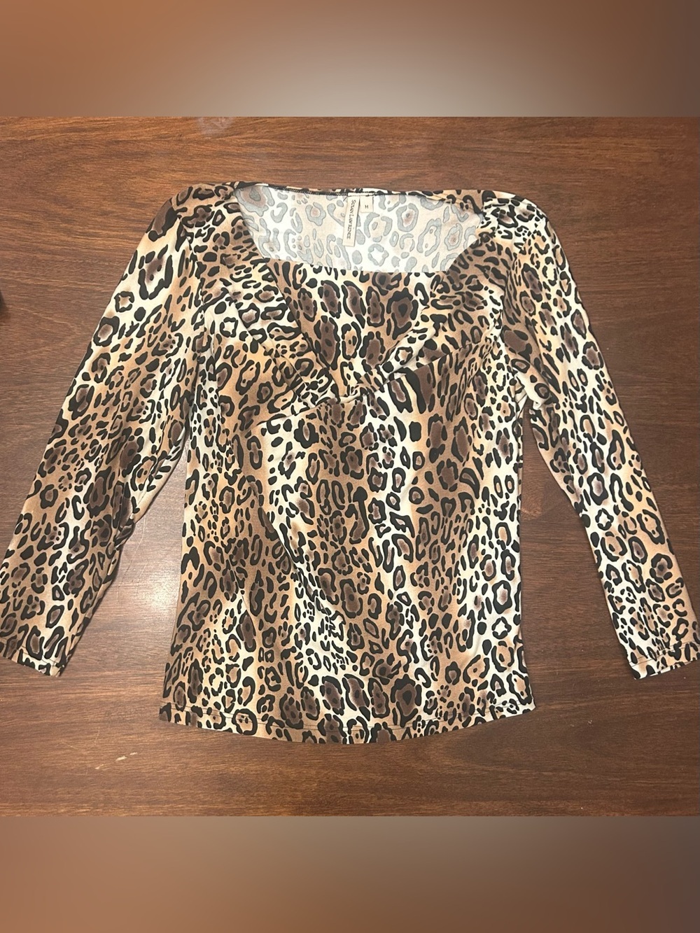 Susan Lawrence Leopard Print V-Neck Long Sleeve Top - Brown & Black